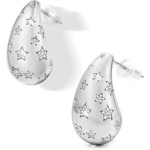 Women Silver Teardrop Earrings Star Crystal Stud Lightweight Fashion Jewelry